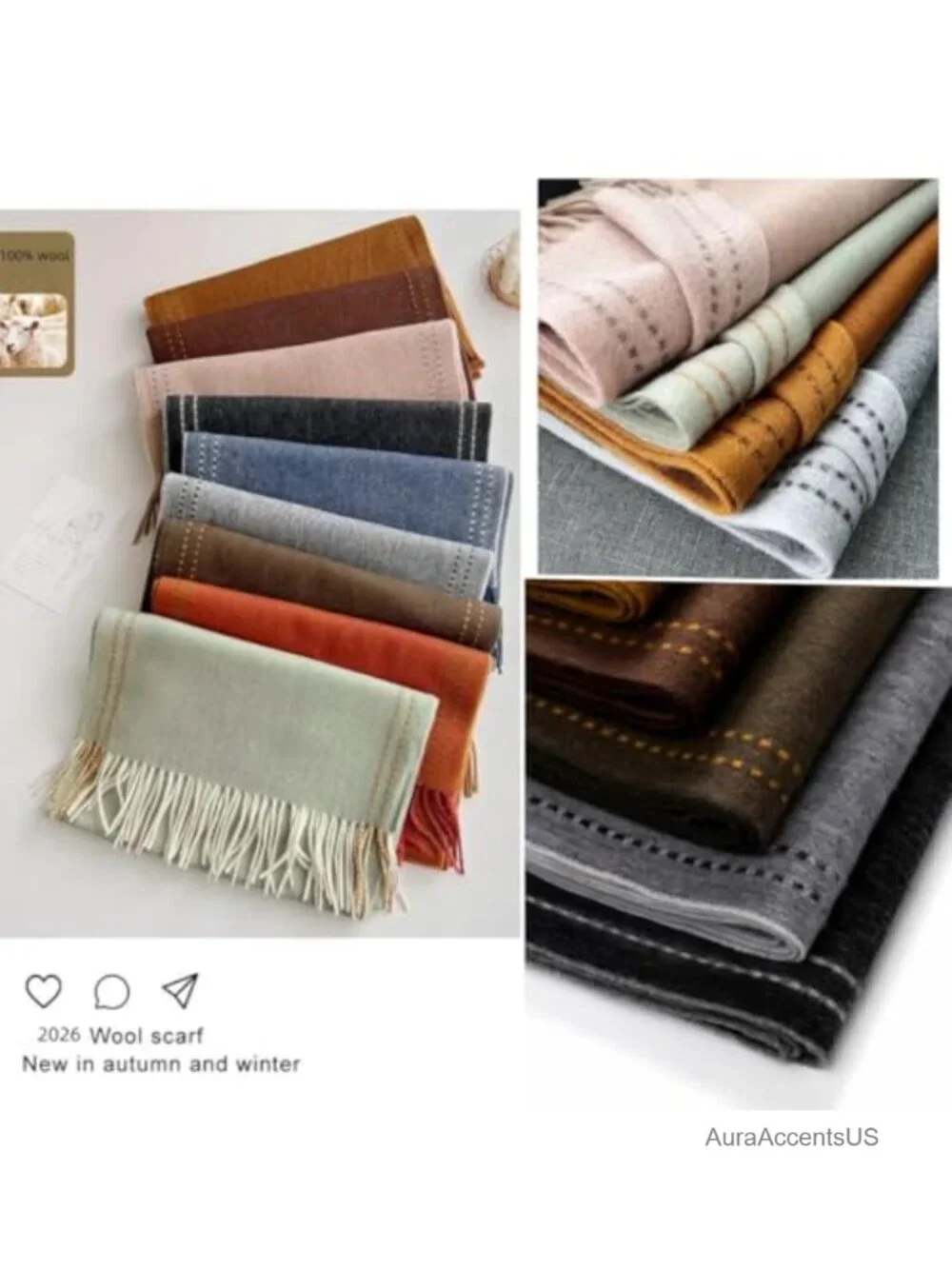 100% Australian Wool Reversible Scarf Unisex Winter Double-Sided